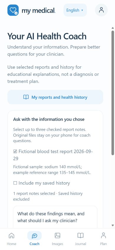 Real My Medical AI Health Coach development interface showing a fictional report note selected for a question