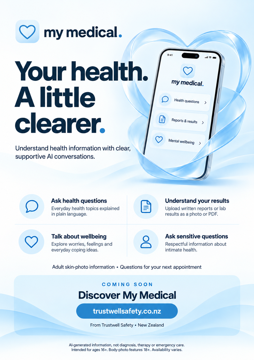 My Medical: Your health. A little clearer. Coming-soon poster explaining health questions, written reports and test results, wellbeing conversations and sensitive-health information.